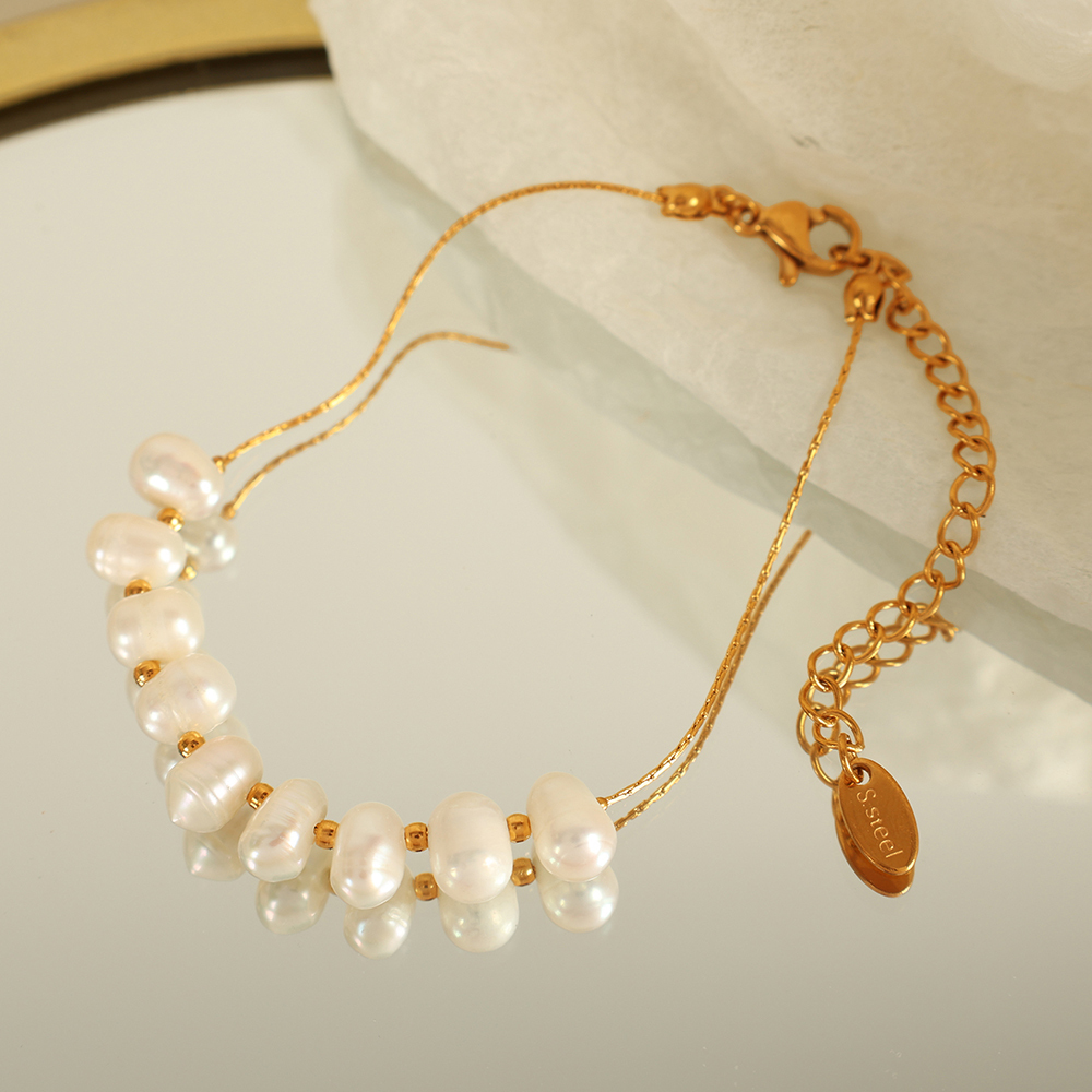 Women's 304 Stainless Steel Ion Plating (IP) 18K Gold Plated Beaded Polishing Plating Oval Freshwater Pearl Bracelets Imitation Pearl Jewelry