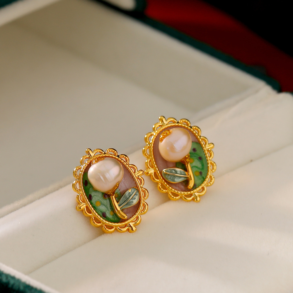 New Natural Pearl Earrings For Women Vintage Baroque Monet Garden Summer Jewelry Accessories Tulips And Roses