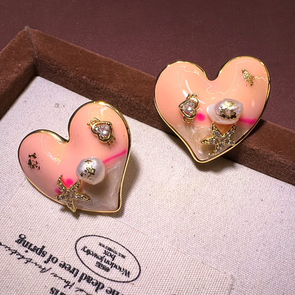 Natural Pearl Gold Powder Earrings Copper Plated Heart Design Vintage Style Women's Jewelry Fashion Ocean Series Accessories