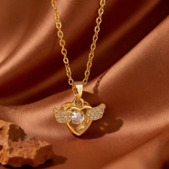 X0886 【Copper Pendant】Dynamic Heart Wings - Necklace - Gold
