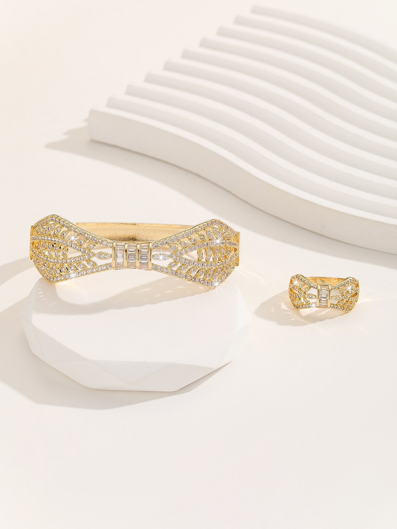 Exclusive New Dongdaemun Women's Middle Eastern Style Micro-Inlaid Hollow Pattern Series Bracelet And Ring Set