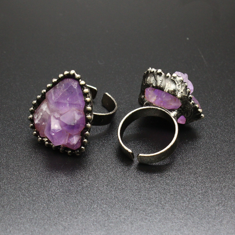 Natural Crystal Flower Ring Open Unshaped Raw Stone Ring Vintage Style Jewelry Crystal Accessories Fashionable Handmade Ring