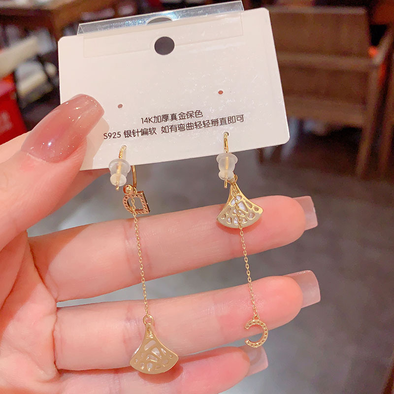 Asymmetric Cat's Eye Stone Earrings Long Women's Elegant Fashion Trend  Geometric Pattern 925 Silver Needle Copper Plated Real Gold