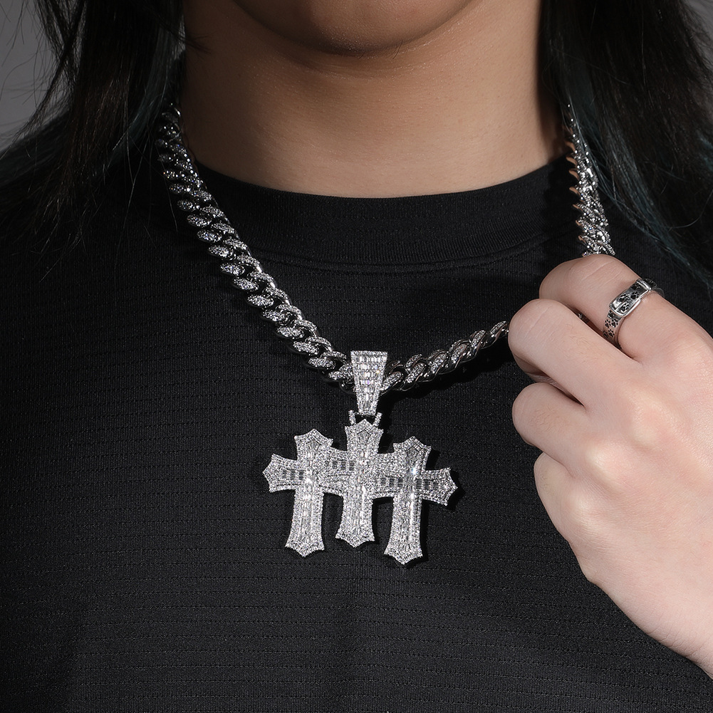 Hip Hop Cross Pendant Necklace Set Cuban Chain Zirconia Embedded Copper Geometric Patterned Jewelry For Men And Women