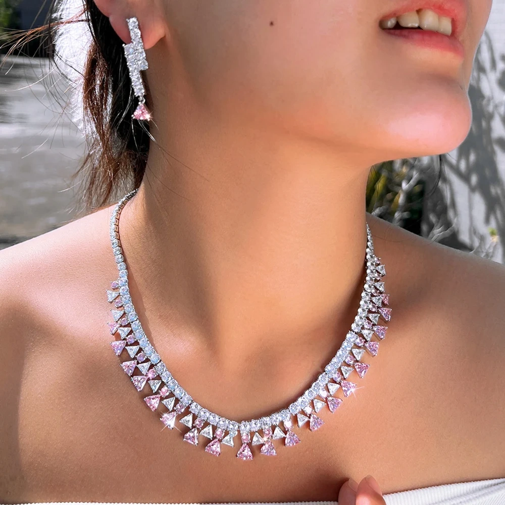 White Plated Gold Geometric Shape Inlaid White Zircon Necklace Earring Set For Women Copper Jewelry Two-Piece Set Water Plated Tennis Chain (Full Diamond Chain) Jewelry Set For Women