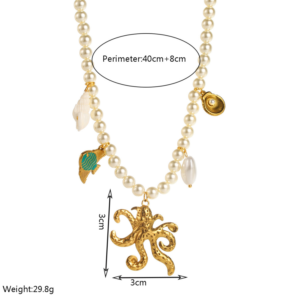 Elegant Ocean Elements Heart-shaped Octopus Turtle Pearl Pendant Necklace Geometric Pattern Titanium Steel Women Jewelry Accessories Minimalist Style