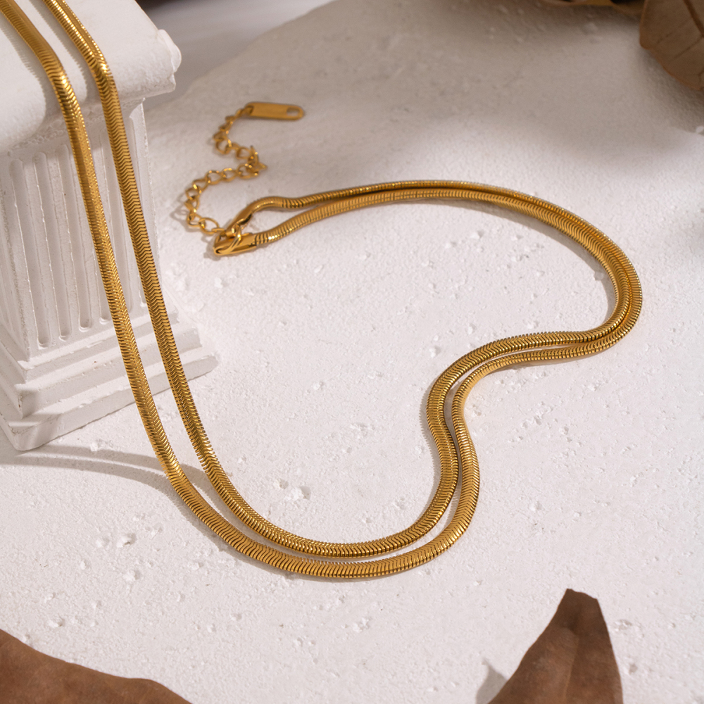 Vacuum Electroplating (In Furnace) Plated 18K Real Gold 201 Stainless Steel Double Layer Flat Snake Chain Basic Versatile Everyday Sweater Chain Necklace Non-Fading High-End Accessories Jewelry