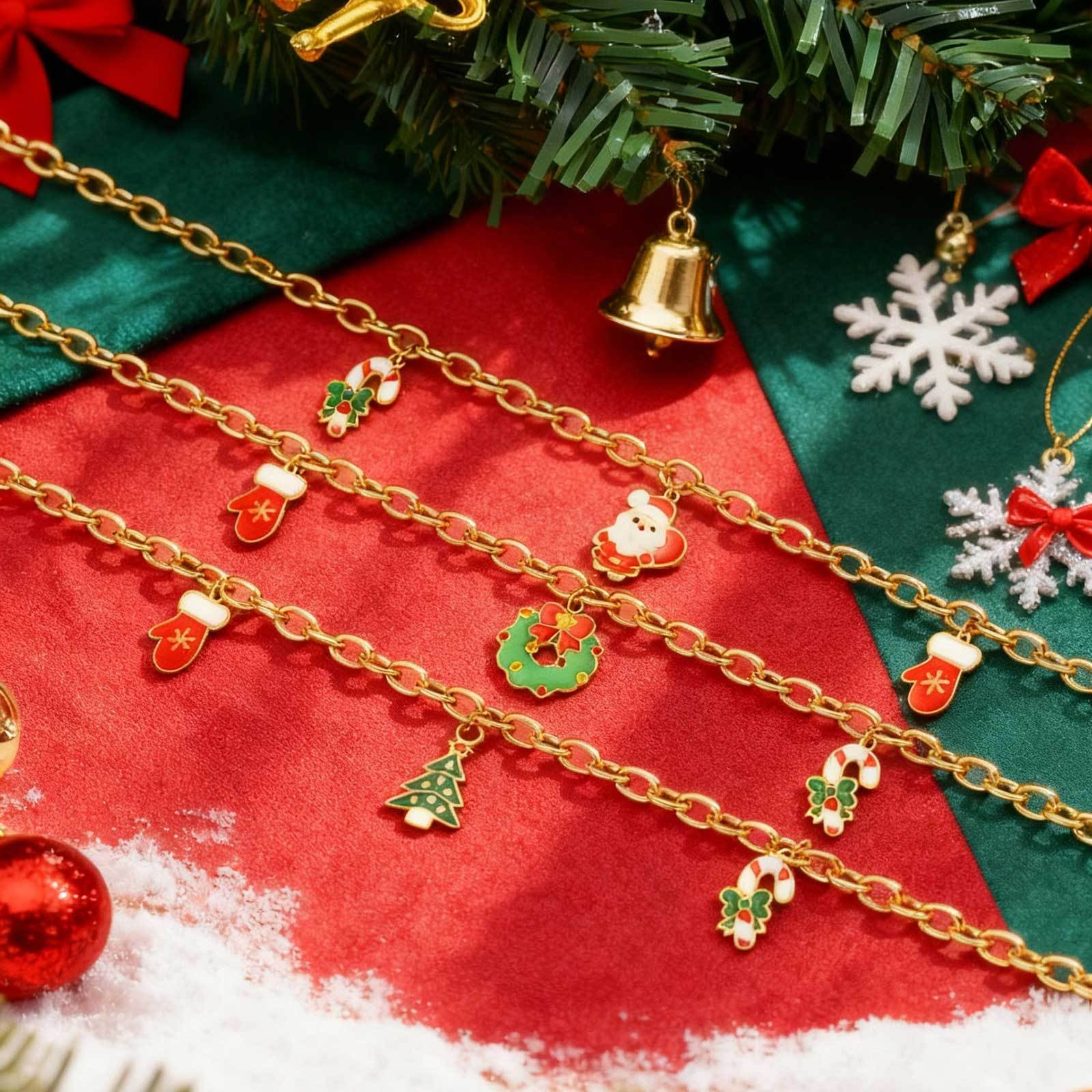 18K Gold Plated 201 Stainless Steel Round Cross Chain Santa Claus Christmas Tree Christmas Stocking Necklace Women's Jewelry Christmas Gift Lobster Clasp