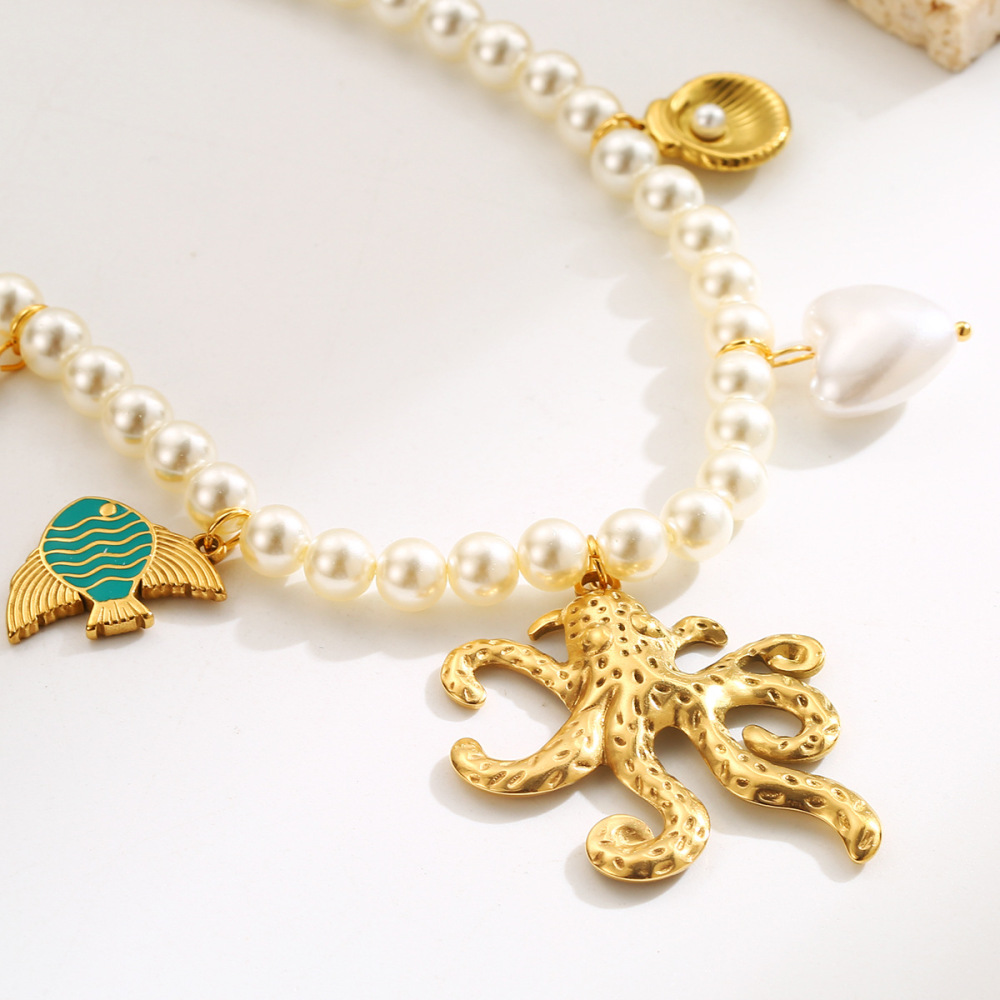 Elegant Ocean Elements Heart-shaped Octopus Turtle Pearl Pendant Necklace Geometric Pattern Titanium Steel Women Jewelry Accessories Minimalist Style
