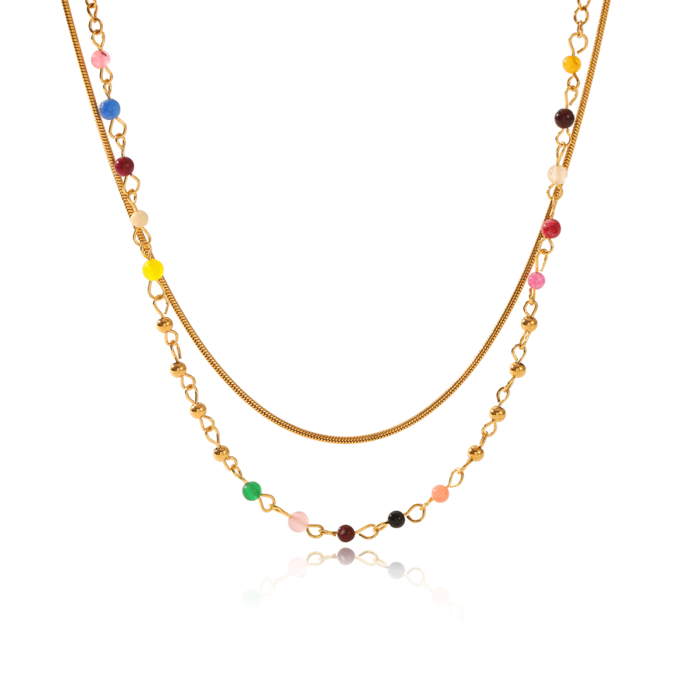 French Double Layer 304 Stainless Steel Necklace Non-Fading Choker Titanium Steel Round Snake Chain Colorful Beaded Chain Bohemian Vacuum Electroplated 18K Real Gold Plated Accessories