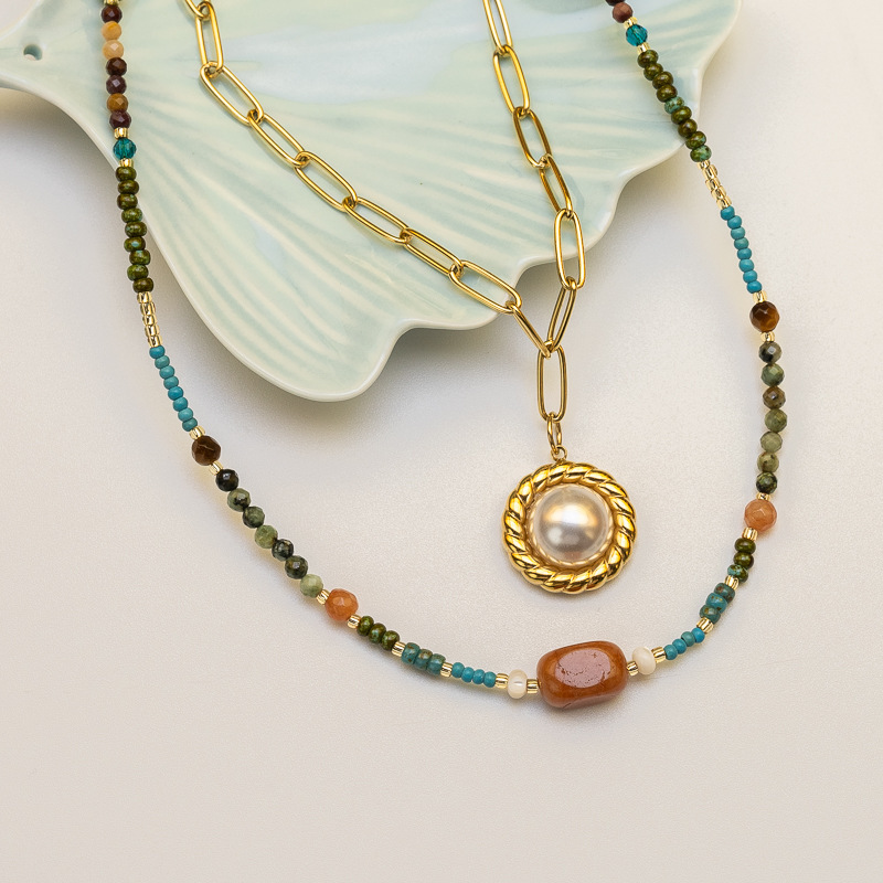 Vintage Natural Stone Beads Pearl Geometric Pattern 304 Stainless Steel Titanium Steel Pendant Necklace Women's High-End Luxury Layered Jewelry Accessories