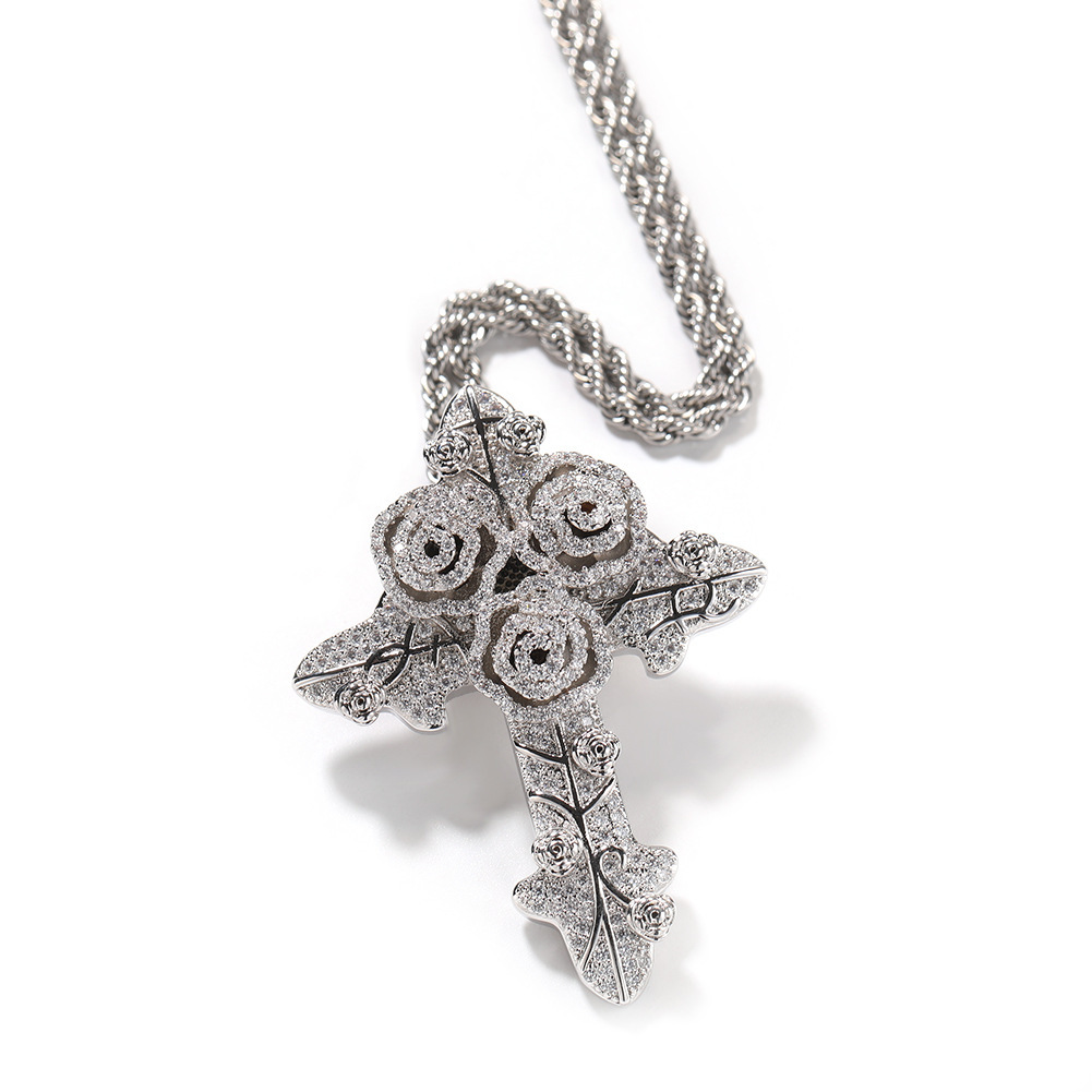 Fashion Style Rose Cross Zircon Pendant Twisted Chain Necklace Unisex Couple Accessories Geometric Pattern Copper Material