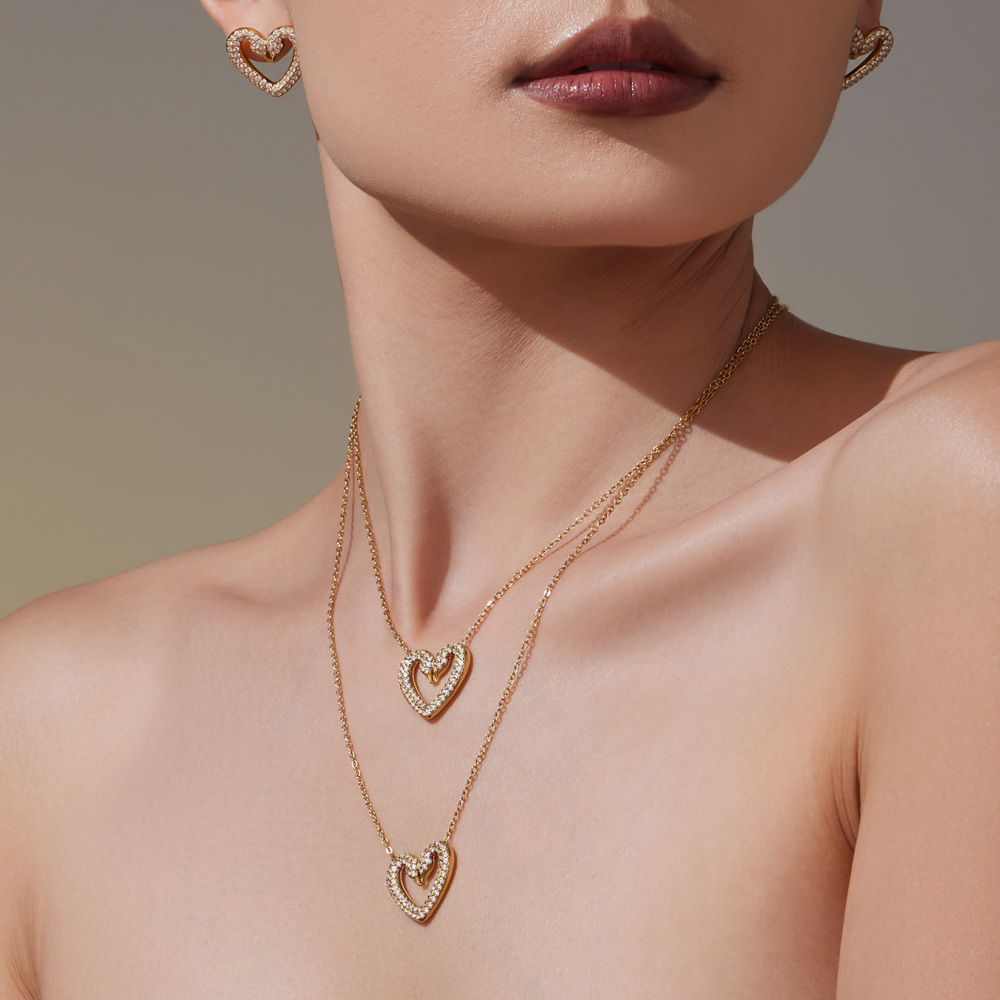 Women's 304 Stainless Steel Handmade Chain Vacuum Electroplating (In Furnace) 18K Gold Plated Geometric Pattern Zircon Full Diamond Double Swan Earrings Ring Bracelet Necklace Heart Full Diamond Jewelry Set Accessories