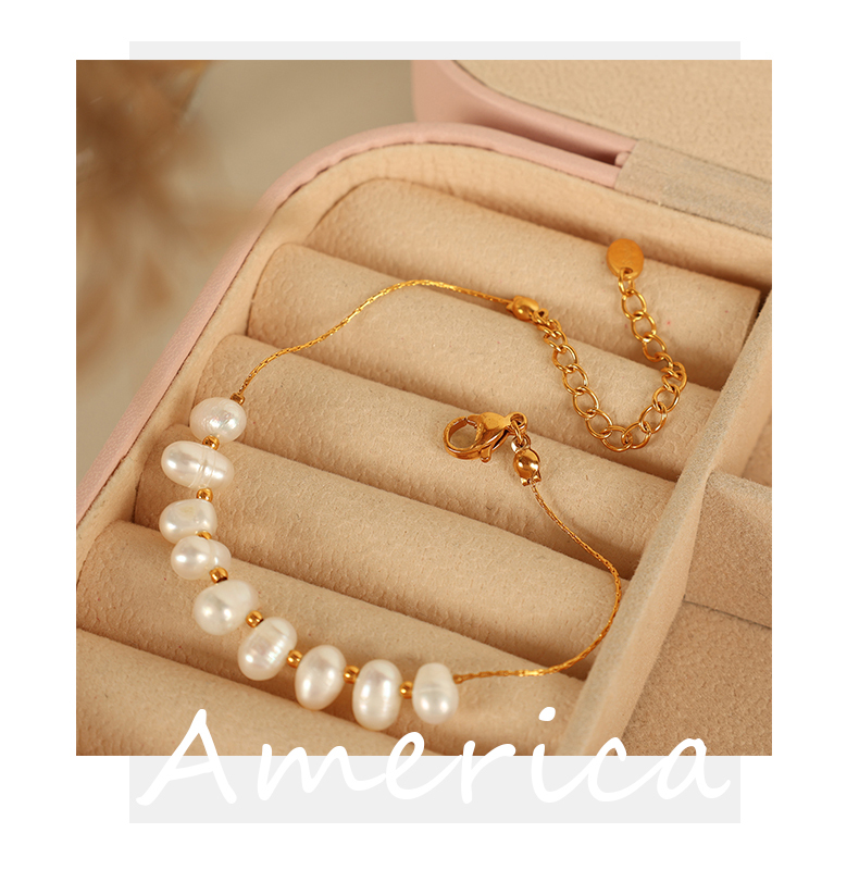 Women's 304 Stainless Steel Ion Plating (IP) 18K Gold Plated Beaded Polishing Plating Oval Freshwater Pearl Bracelets Imitation Pearl Jewelry