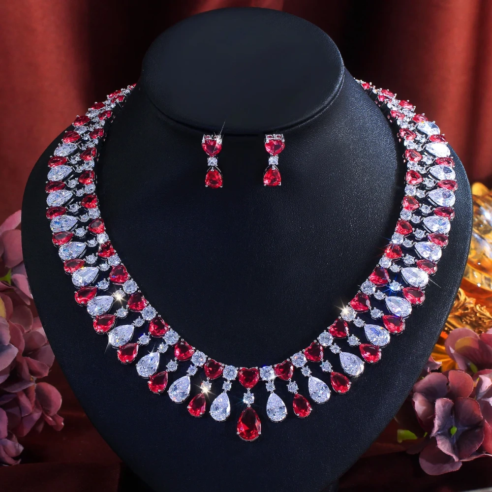 Water Plated White Gold Inlaid Red Cubic Zirconia Water Drop Shape Copper Material Women's Jewelry Set With Safety Clasp Tennis Chain (Full Diamond Chain)