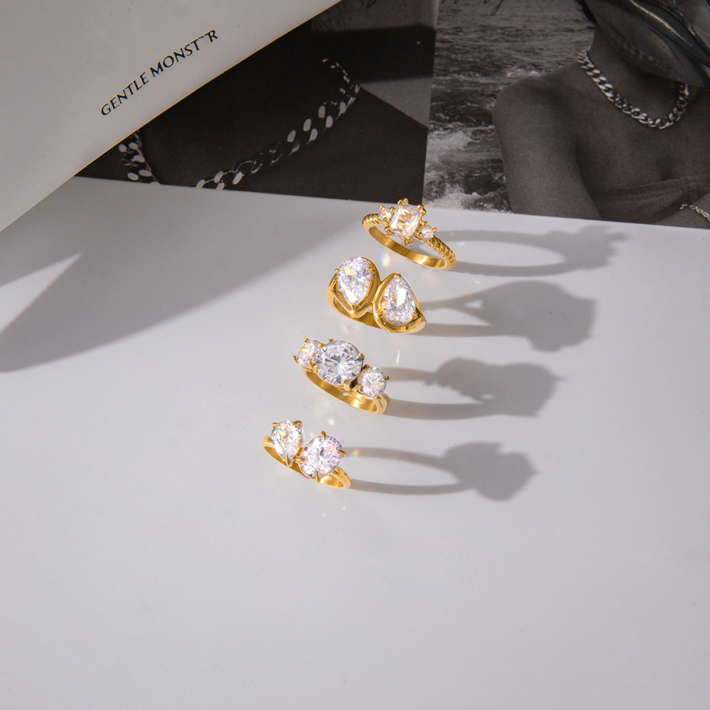 Women's Classic Style 18K Gold Stainless Steel + Zircon White Water Drop Zircon Ring Size 7
