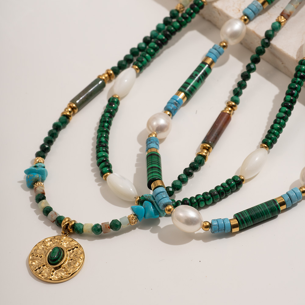 Vacation Classic Style Round Imitation Pearl Malachite Titanium Steel Beaded Chain Necklace In Bulk