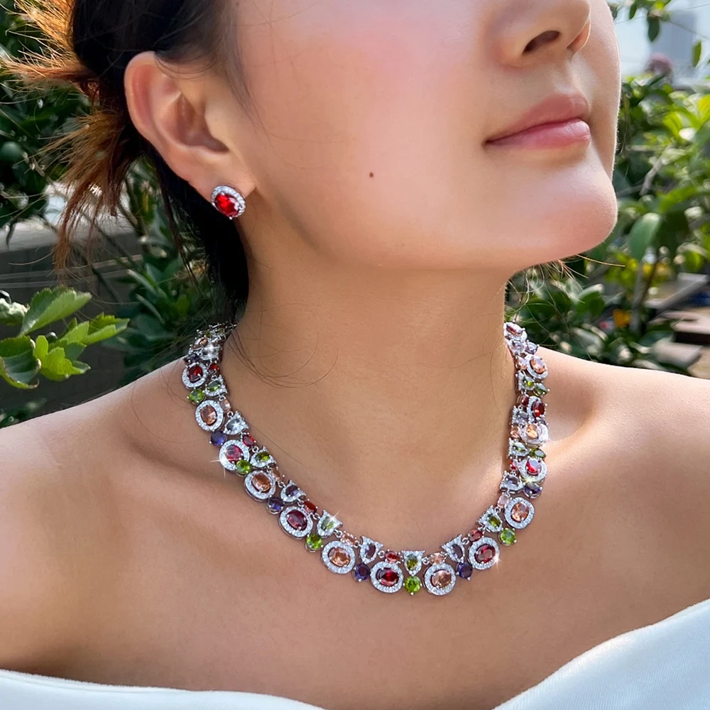 Copper Jewelry Two-Piece Set Luxurious Geometric Multicolor Cubic Zirconia Earrings Necklace Set For Women Bohemian Party Wedding Costume Jewelry