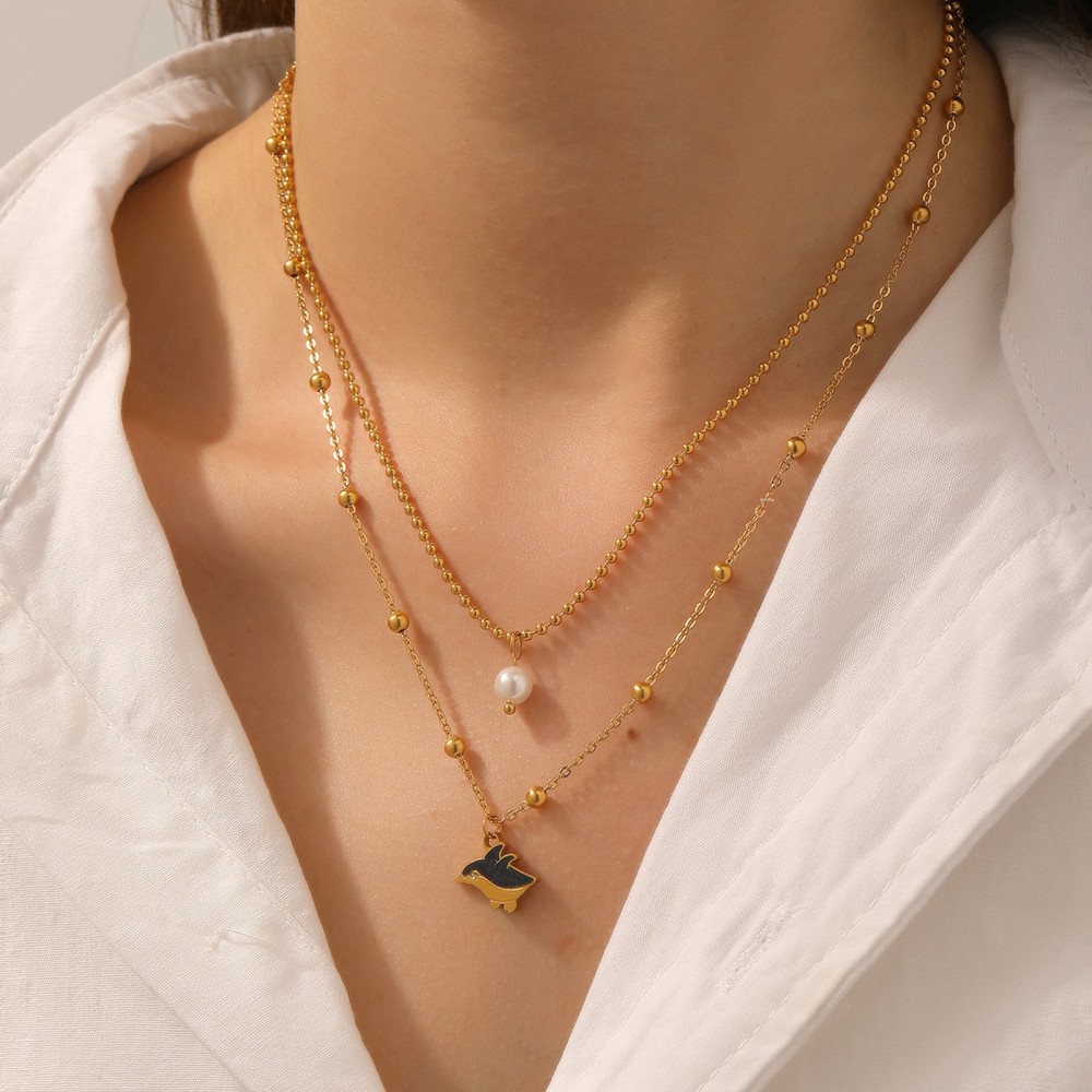 Two-Layer Oregon Drip Oil Cartoon Penguin Pearl Necklace Shell Sea Turtle Fish Ocean Animal Jewelry Accessories Stainless Steel