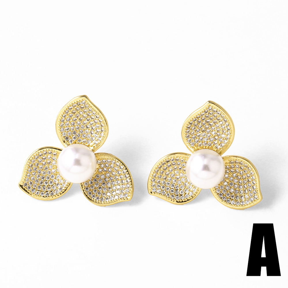 Pearl Flower Full Zircon Earrings Studs Simple Style Daily Wear Copper Material Gold Plated Jewelry Accessories For Women