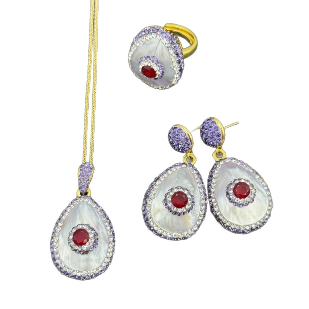 Natural Freshwater Pearl Shell Embedded Jade Three-piece Set Czech Diamond Luxury Style High-end Feelings Jewelry Accessories