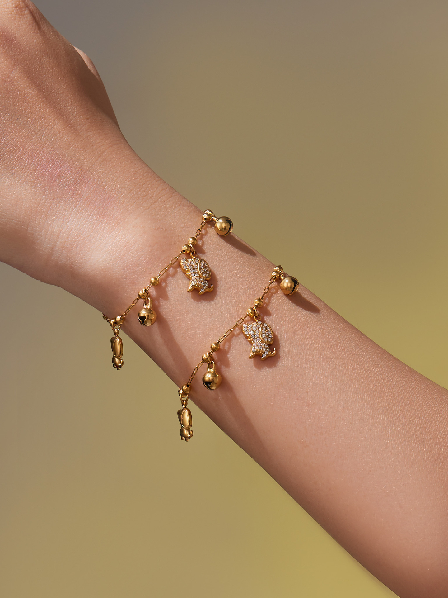 Stainless Steel 18K Gold Plated Zircon Dog Bell Shaped Bracelet Necklace Set Multi Accessories Jewelry For Women Simple Style