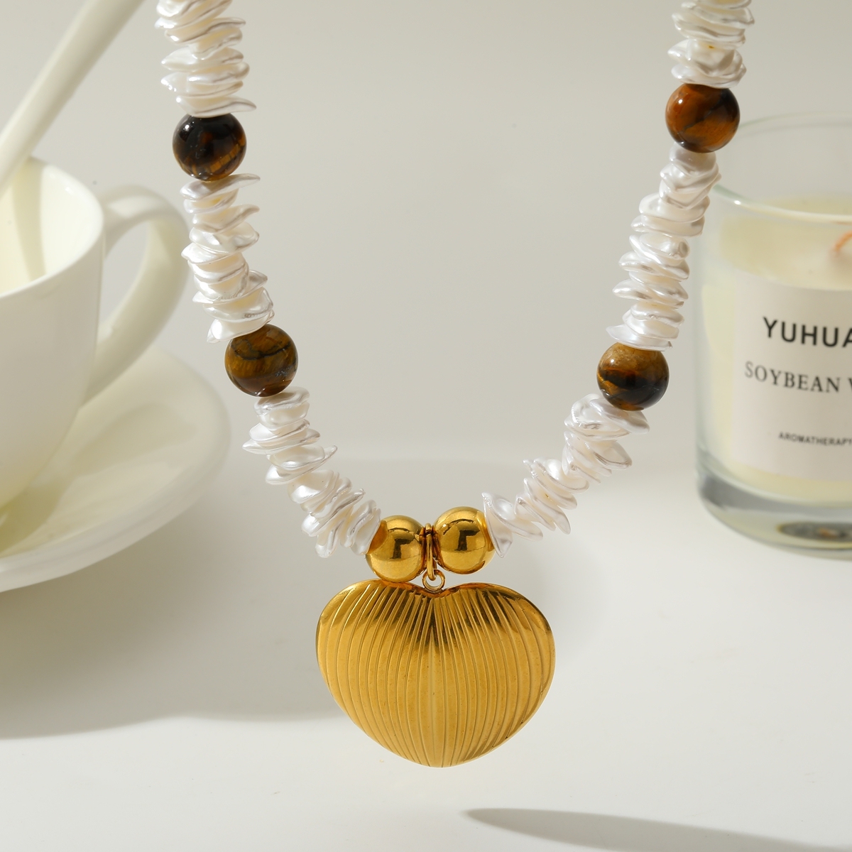 Stainless Steel 18K Gold Plated Imitation Pearl Heart Pendant Beaded Necklace Elegant Classical Women Style Jewelry Accessory