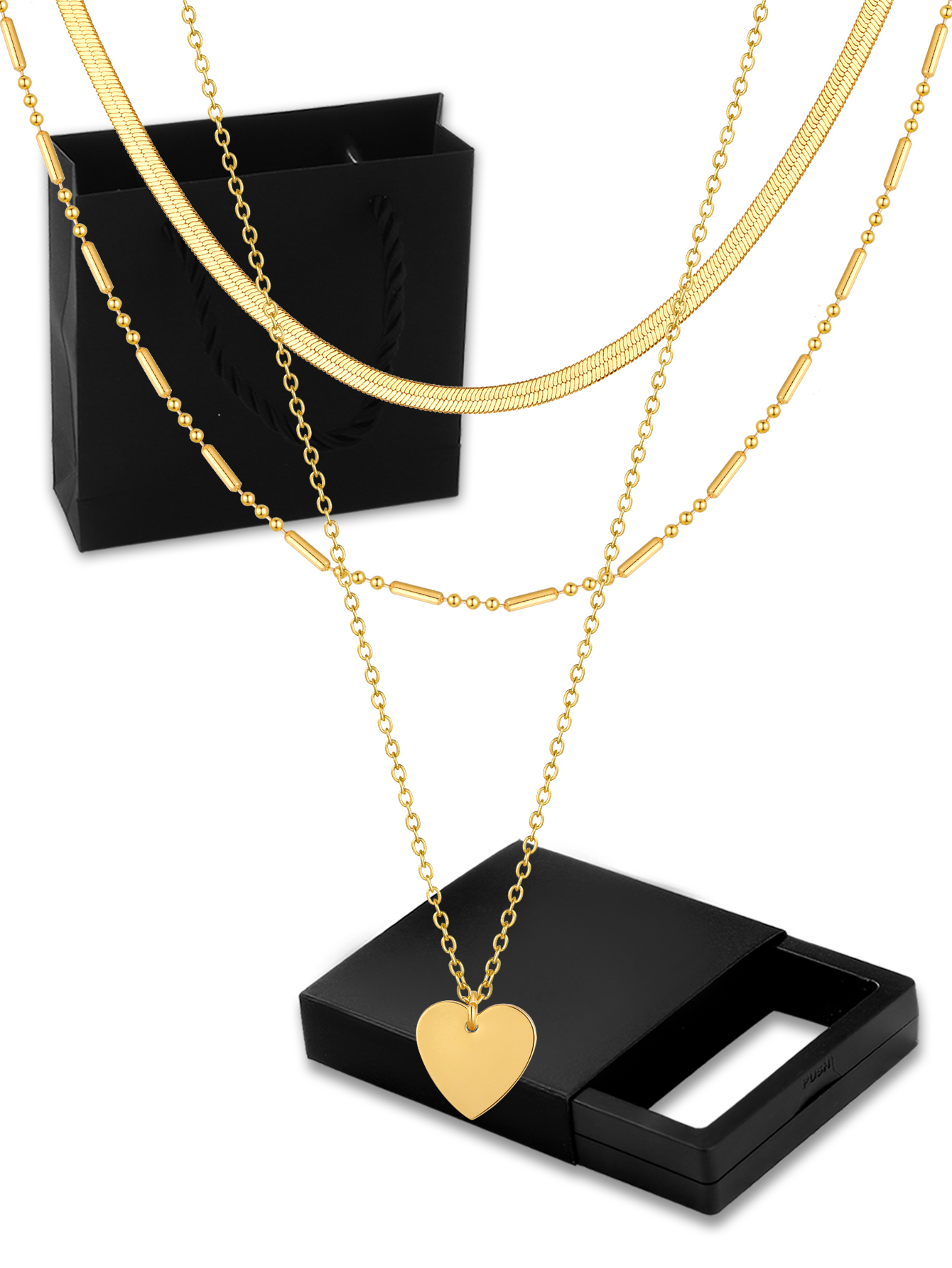 Women's Multi-layer Necklace Gift Set Gold Heart Pendant + Snake Bone Chain + Round Bead Chain French Light Luxury Style Versatile Necklace Niche Design Accessories