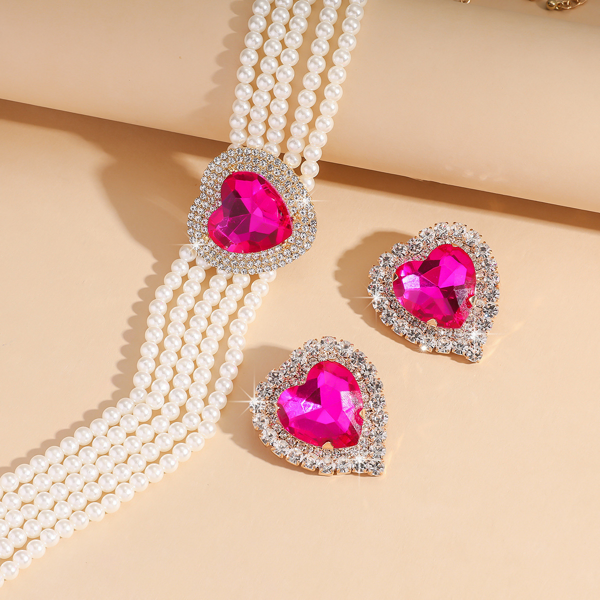 1 Set Glam Luxurious Lady Geometric Heart Shape Artificial Crystal Imitation Pearl Copper Inlay Artificial Crystal Women's Beaded Chain Jewelry Set