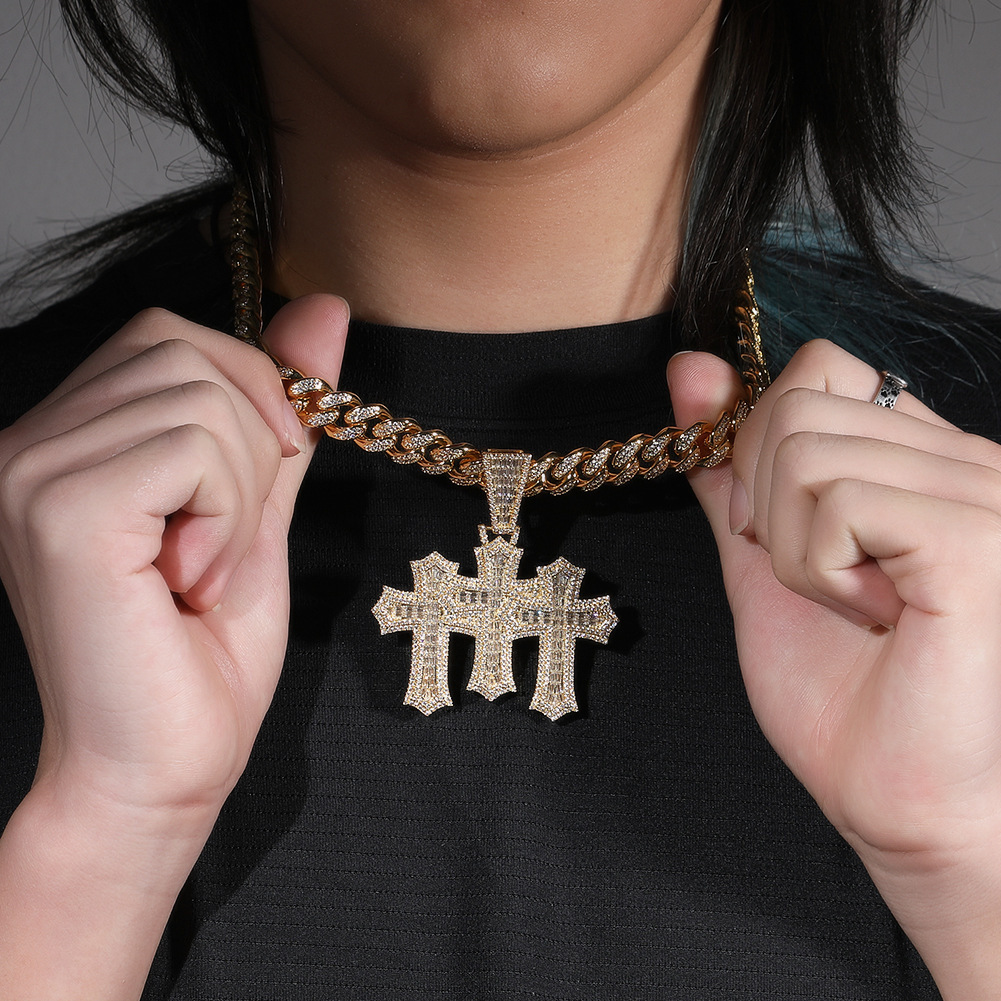 Hip Hop Cross Pendant Necklace Set Cuban Chain Zirconia Embedded Copper Geometric Patterned Jewelry For Men And Women