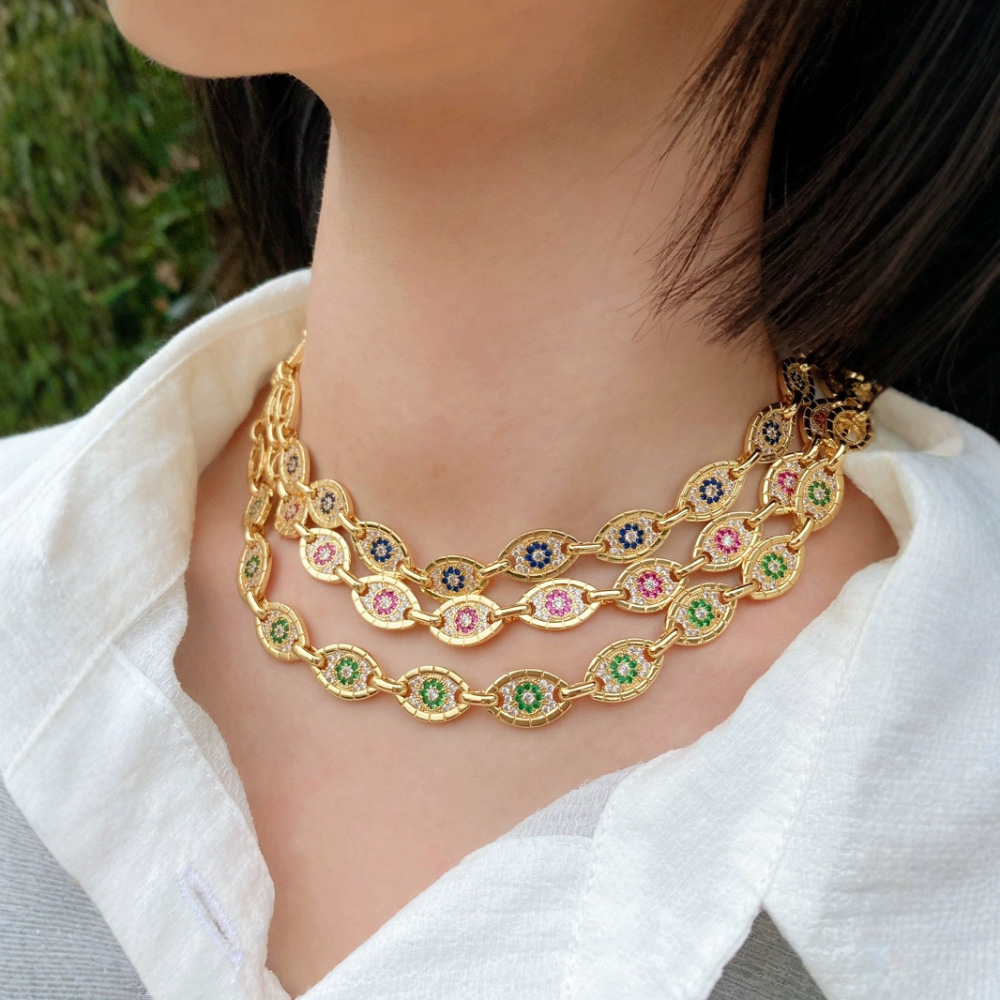 Fashionable High-End Copper Plated 18K Gold Evil Eye Bracelet Necklace Set  Style Jewelry Accessories