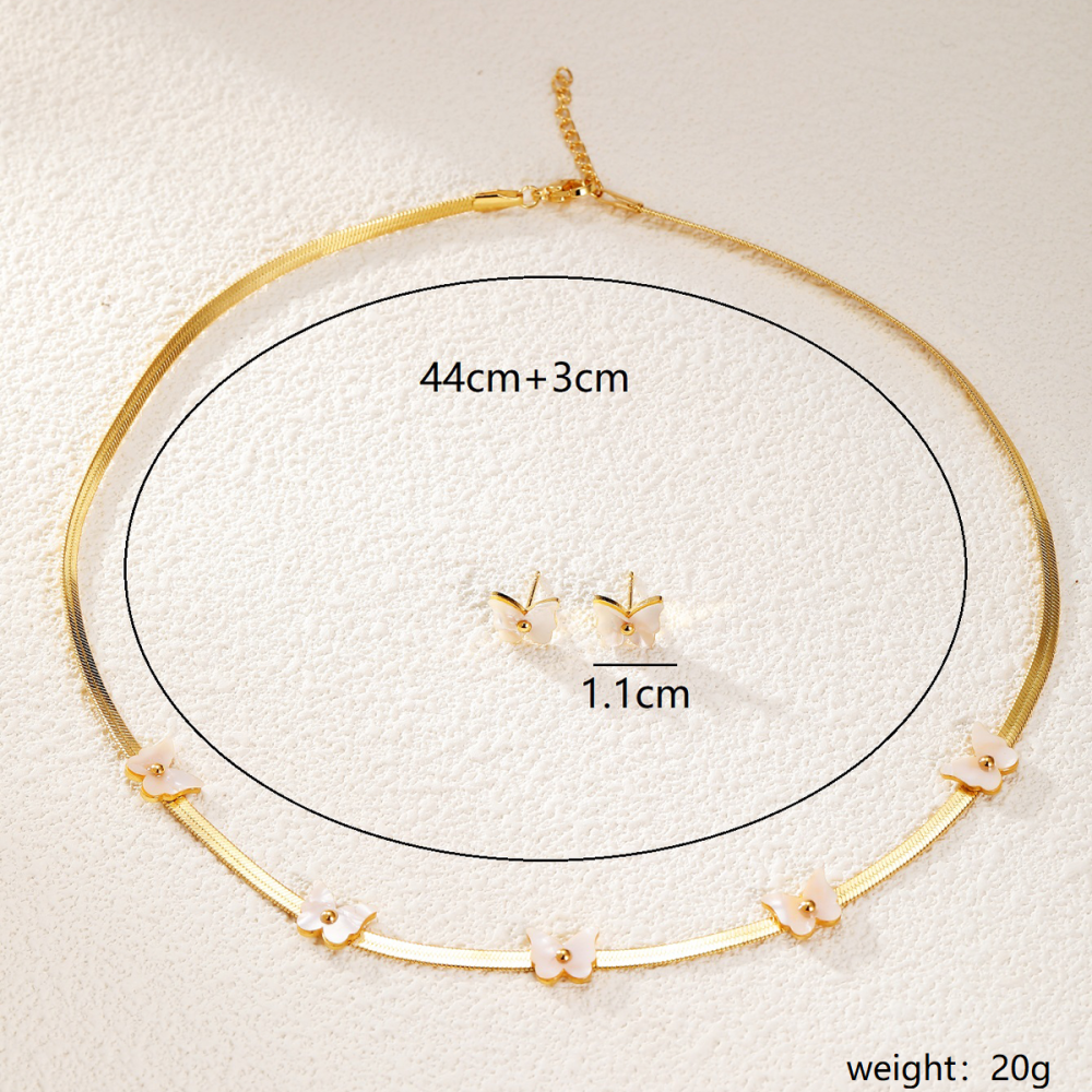 2-Piece Stainless Steel Inlaid Shell French Fresh Elegant Girly Pendant Earrings Butterfly Shape Women's Set Suitable For Daily Commuting Best Friend Gathering Jewelry Accessories