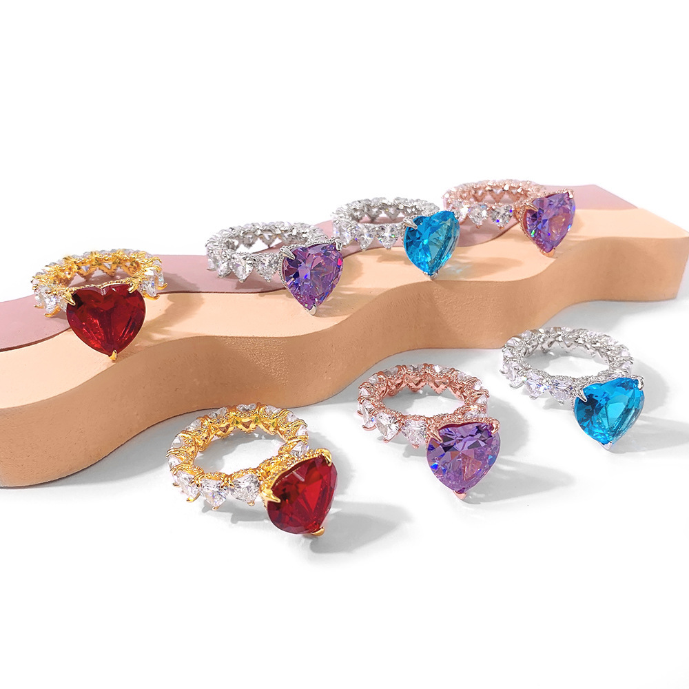 Jewelry Hip Hop Color Zircon Heart-Shaped Ring  18K Gold Plating Platinum Women's Ring  Zhang Yang Atmospheric Trend Female Ring