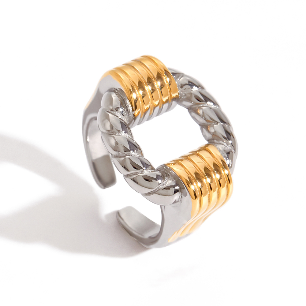 Ladies Classic Style Stainless Steel Hollow Out Open Ring Gold And Silver Color Block Twisted Wire Design Adjustable Size