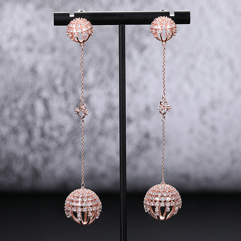 Fashionable Long Diamond Embedded Round Ball Chain Earrings Women's Simple Elegant Trendy New Style Hoop Earrings