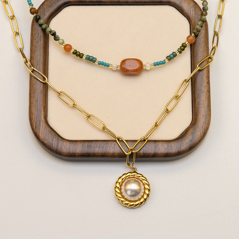 Vintage Natural Stone Beads Pearl Geometric Pattern 304 Stainless Steel Titanium Steel Pendant Necklace Women's High-End Luxury Layered Jewelry Accessories