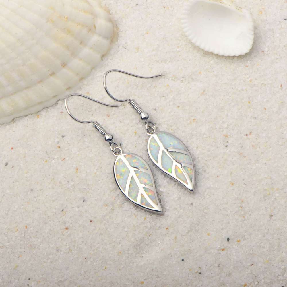 Oceanic Leaf Opal Earrings TikTok Trendy Beach Girl Sweet Style Geometric Pattern Copper Jewelry Accessories For Women
