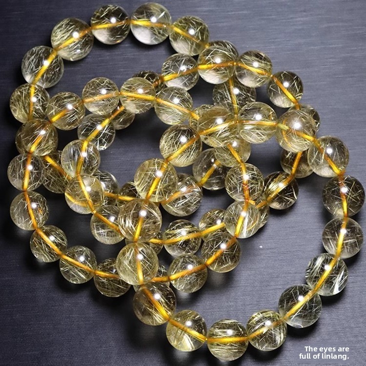 Natural Brazilian Gold Hair Crystal Bracelet Unisex Yellow Quartz Titanium Crystal Geometric Pattern Polished Design Chinese Style