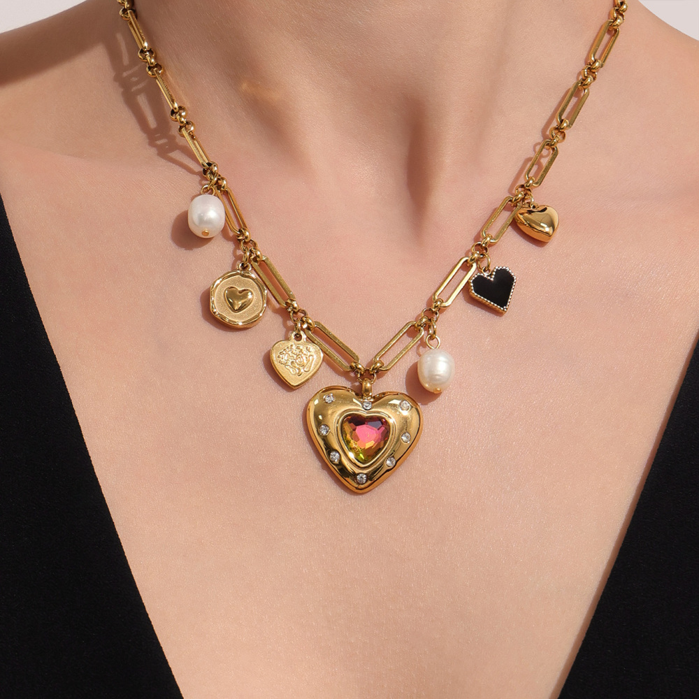 Handmade Stainless Steel Zirconia Heart Pearl Necklace 18K Gold Plated Multi-Accessories Geometric Pattern Jewelry For Women