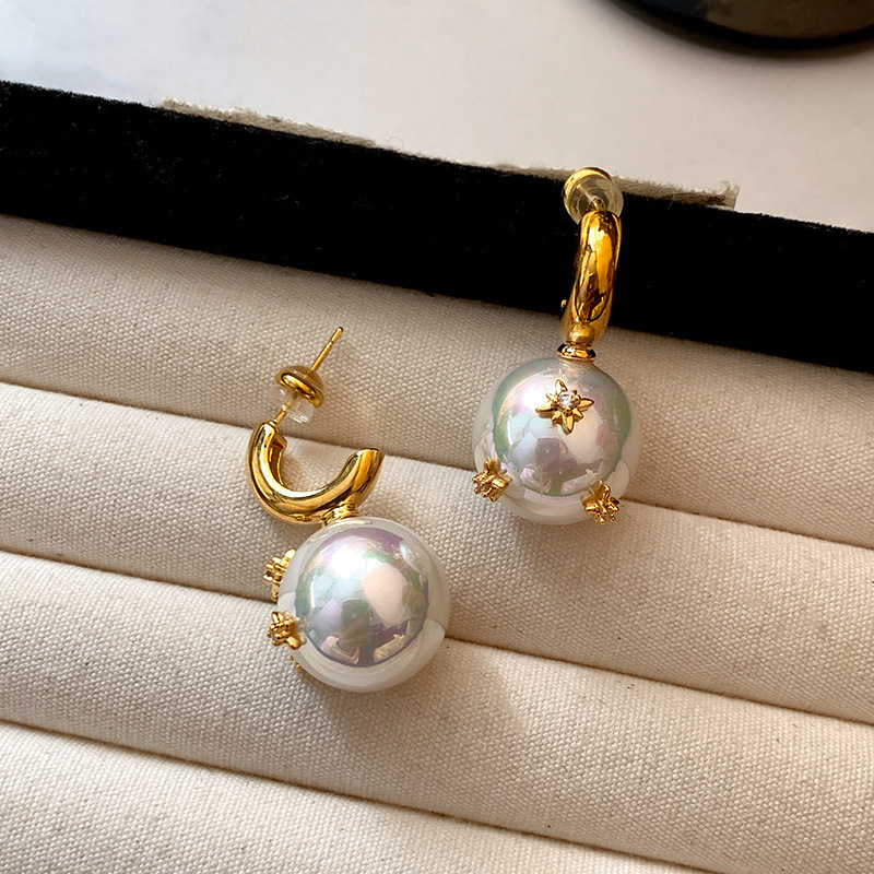 Elegant Pearl Stud Earrings Women's Fashion Starburst Shiny Colorful Silver Needle High-End Sensation Ear Jewelry Accessories