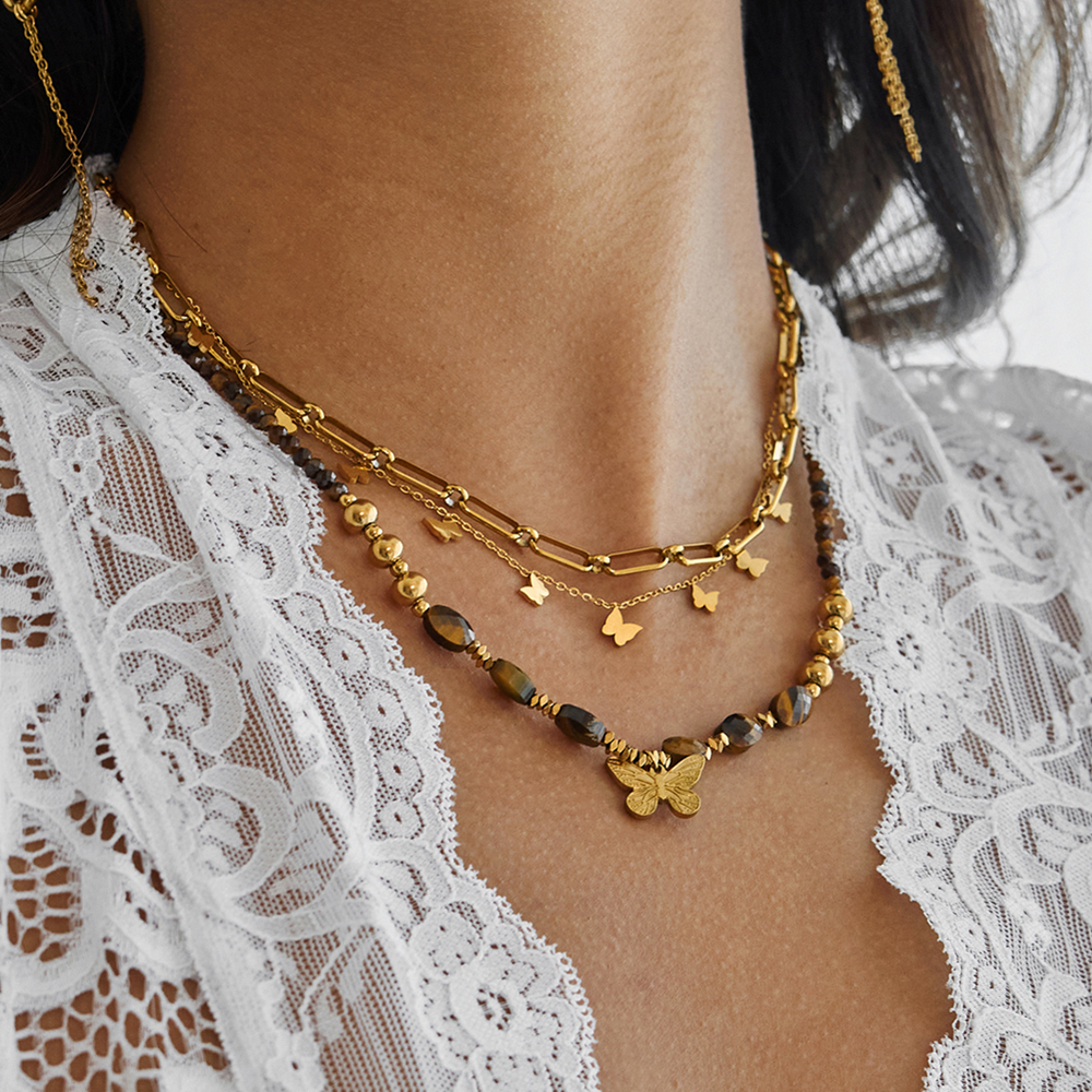 Ladies Classic Style 18K Gold Stainless Steel Butterfly Pendant Tiger Eye Stone Beaded Necklace 42+5CM Butterfly Chain Design