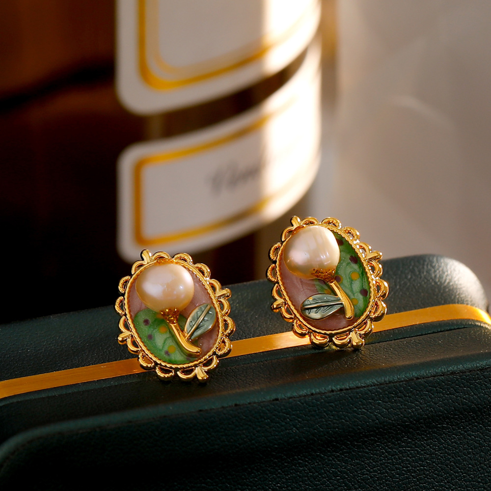 New Natural Pearl Earrings For Women Vintage Baroque Monet Garden Summer Jewelry Accessories Tulips And Roses