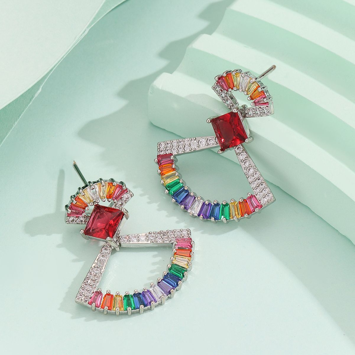 Elegant Long Colorful Zirconium Earrings For Women Geometric Pattern Copper Material Ins Style Star And Fan Shaped Plated Jewelry