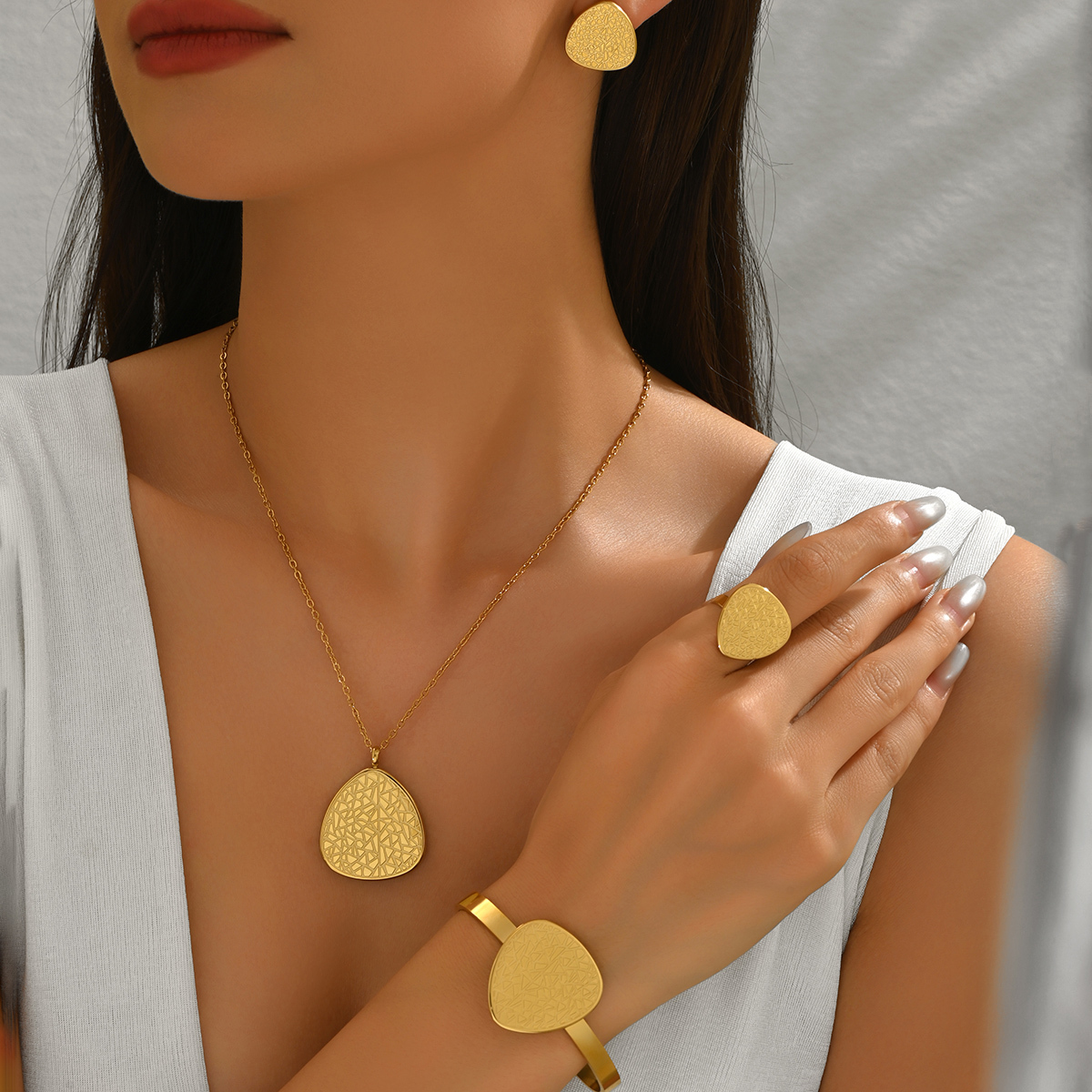Stainless Steel Geometric Necklace Ring Bracelet Earring Set For Party And Wedding Celebration Women's Retro Classic Style Jewelry Gift