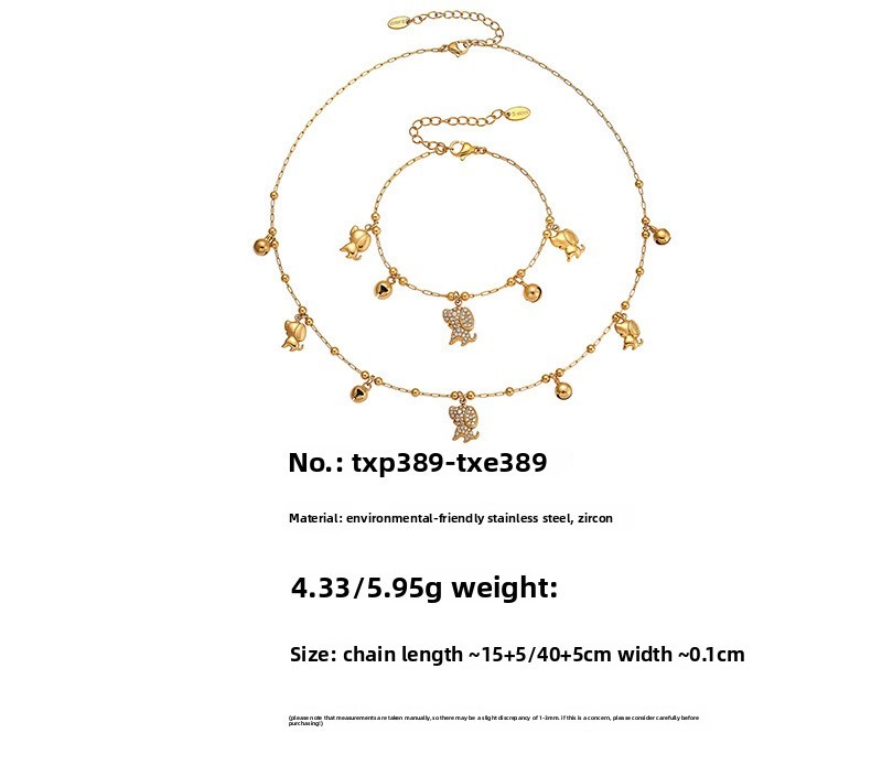 Stainless Steel 18K Gold Plated Zircon Dog Bell Shaped Bracelet Necklace Set Multi Accessories Jewelry For Women Simple Style