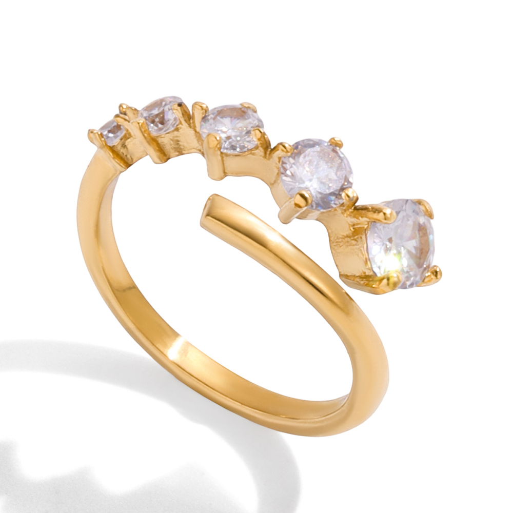 Ladies Classic Style 18K Gold Stainless Steel Round White Zirconia Ring Line Design Size 7 Jewelry Accessories Rings