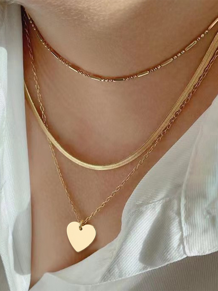 Women's Multi-layer Necklace Gift Set Gold Heart Pendant + Snake Bone Chain + Round Bead Chain French Light Luxury Style Versatile Necklace Niche Design Accessories