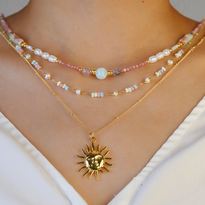 New Natural Stone Beaded Necklace Layered American Retro Jewelry Fashion French Vacation Fashion Women's Stainless Steel Material