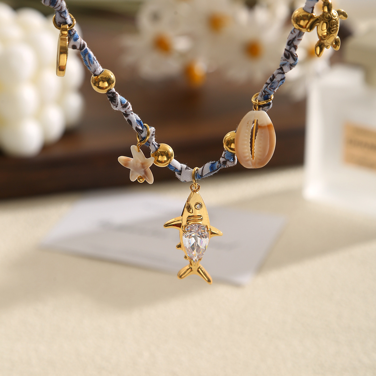 Luxury Stainless Steel Starfish Flower Pendant Necklace Woven Silk Scarf Necklace Ladies Geometric Pattern Jewelry Accessories