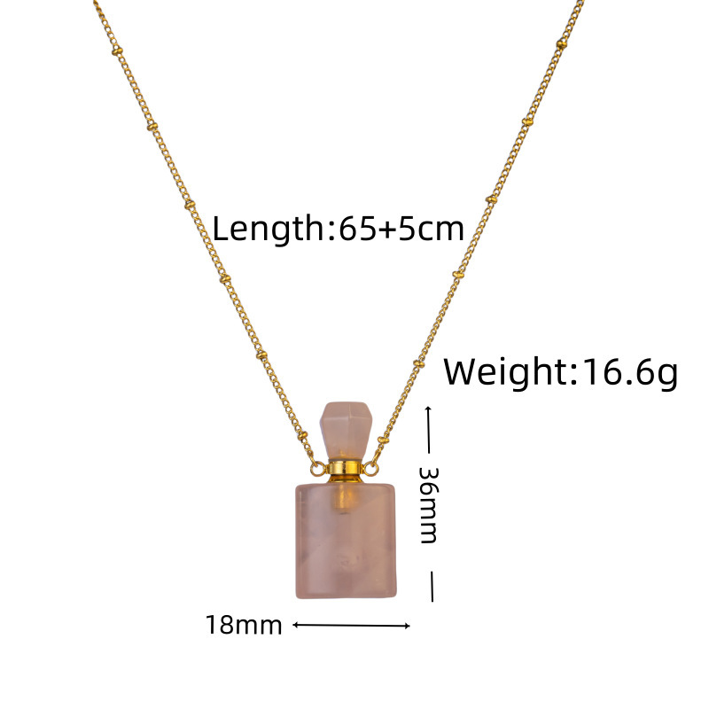 Real Gold Plated Geometric Pattern Natural Stone Pink Crystal 304 Stainless Steel Hollow Perfume Bottle Necklace Simple Design Women's Jewelry Accessories